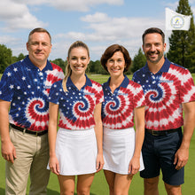 Load image into Gallery viewer, Four people wearing tie-dye shirts with a golf course background