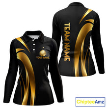 Load image into Gallery viewer, Front and back view of Black and Gold womens long sleeve golf polo shirt with custom golf clubs design