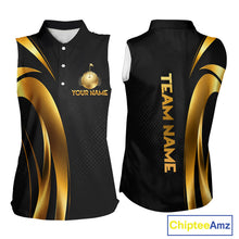 Load image into Gallery viewer, Front view of Black and Gold womens sleeveless golf polo shirt with custom golf clubs design