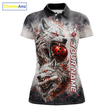 Load image into Gallery viewer, Front view of custom black and gray wolf bowling polo shirt for women