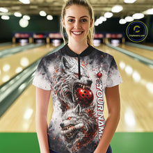 Load image into Gallery viewer, Front view of custom black and gray wolf bowling quarter zip bowling jersey for women