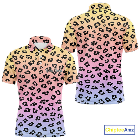 Mens Golf Polo Shirts Custom Colorful Neon Gradient Leopard Pattern Team Mens Golf Top, Golf Gifts NBT493