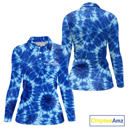 Womens Golf Polo Shirts Blue Tie Dye Background Custom Name Golf Shirt, Golf Gifts NBT569