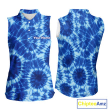 Load image into Gallery viewer, Womens Sleeveless Golf Polo Shirts Blue Tie Dye Background Custom Name Golf Shirt, Golf Gifts NBT569