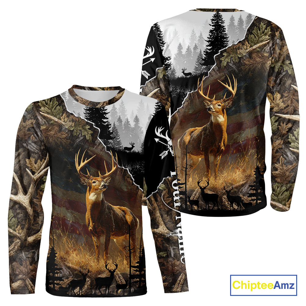 Whitetail Deer Hunting US Flag Camouflage Custom 3D Shirts, Personalized Deer Hunting Shirt NBT196