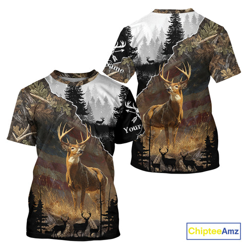 Whitetail Deer Hunting US Flag Camouflage Custom 3D Shirts, Personalized Deer Hunting Shirt NBT196