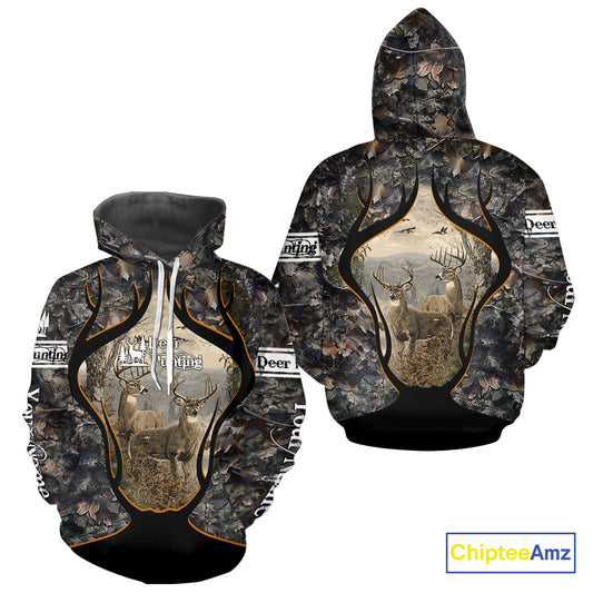 Whitetail Deer Custom Name 3D Printed Long Sleeve Hoodies, Deer Hunting Shirt, Hunting Season NBT304