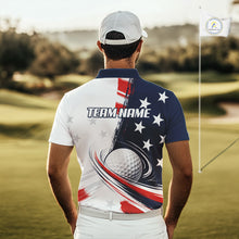 Load image into Gallery viewer, Man wearing a personalized white golf polo men shirt custom team name with American flag 4th July polo shirt on a golf course