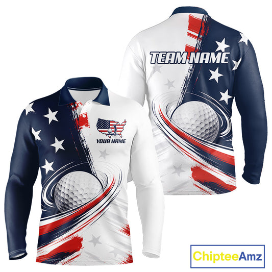 Front and back view of personalized white golf polo men shirt with American flag 4th July with personalized name