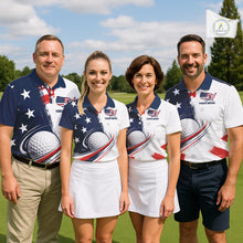 Load image into Gallery viewer, Four people in matching American flag 4th July graphic on mens white golf polo shirt on a golf course 