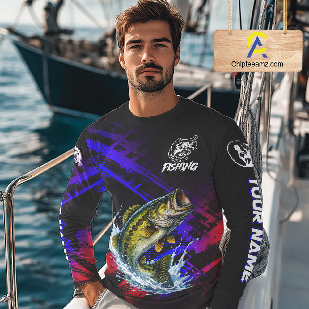 Bass Fishing Long Sleeve Purple Camo UPF Fishing Shirts, Bass Fishing Tournament Shirts NBT464