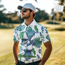 Load image into Gallery viewer, Funny Mens Golf Polo Shirt Tropical Pattern Custom Name Shark Playing Golf Shirt Funny Golf Apparel NBT715