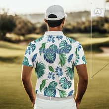 Load image into Gallery viewer, Funny Mens Golf Polo Shirt Tropical Pattern Custom Name Shark Playing Golf Shirt Funny Golf Apparel NBT715