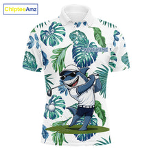 Load image into Gallery viewer, Funny Mens Golf Polo Shirt Tropical Pattern Custom Name Shark Playing Golf Shirt Funny Golf Apparel NBT715