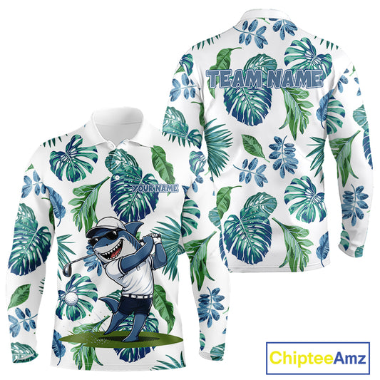 Funny Mens Golf Polo Shirt Tropical Pattern Custom Name Shark Playing Golf Shirt Funny Golf Apparel NBT715