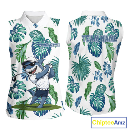 Funny Womens Sleeveless Golf Polo Shirt Tropical Pattern Custom Name Shark Playing Golf Shirt Funny Golf Apparel NBT715