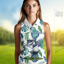 Load image into Gallery viewer, Funny Womens Sleeveless Golf Polo Shirt Tropical Pattern Custom Name Shark Playing Golf Shirt Funny Golf Apparel NBT715