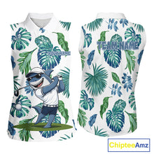 Load image into Gallery viewer, Funny Womens Sleeveless Golf Polo Shirt Tropical Pattern Custom Name Shark Playing Golf Shirt Funny Golf Apparel NBT715