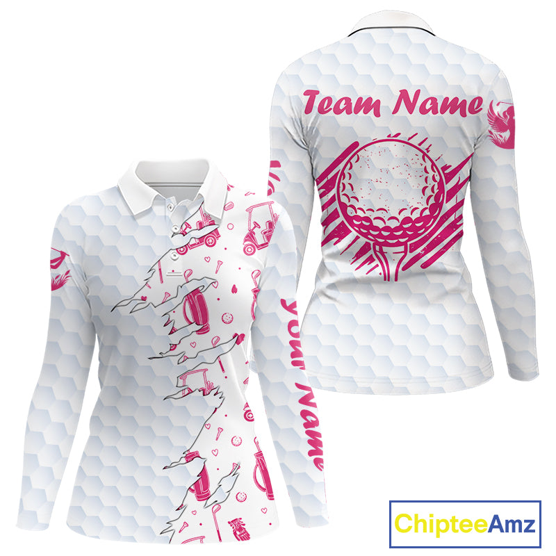 Women Golf Polo Shirt Custom Name Funny Golf Bag Cart Pattern Shirt, Golf Gifts For Ladies NBT825