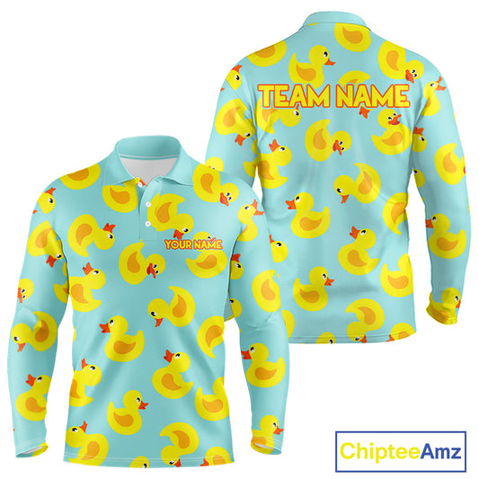 Funny Rubber Duck Golf Shirt front view - cute yellow rubber duck print design, breathable polyester fabric, long sleeve Polo shirt, tailored fit, white collar, custom golf team shirt 