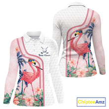 Load image into Gallery viewer, Funny Womens Golf Polo Shirts Custom Pink And White Tropical Flamingo Patter,White Golf Shirt NBT479