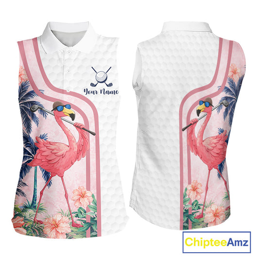 Funny Womens Sleeveless Golf Polo Shirt Custom Pink And White Tropical Flamingo Patter,White Golf Shirt NBT479