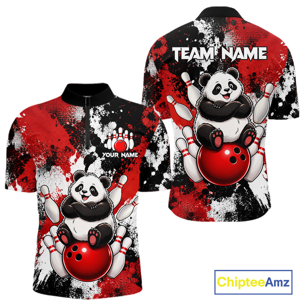 Front and back view of funny black and red panda bowling quarter zip shirt for men, team jersey