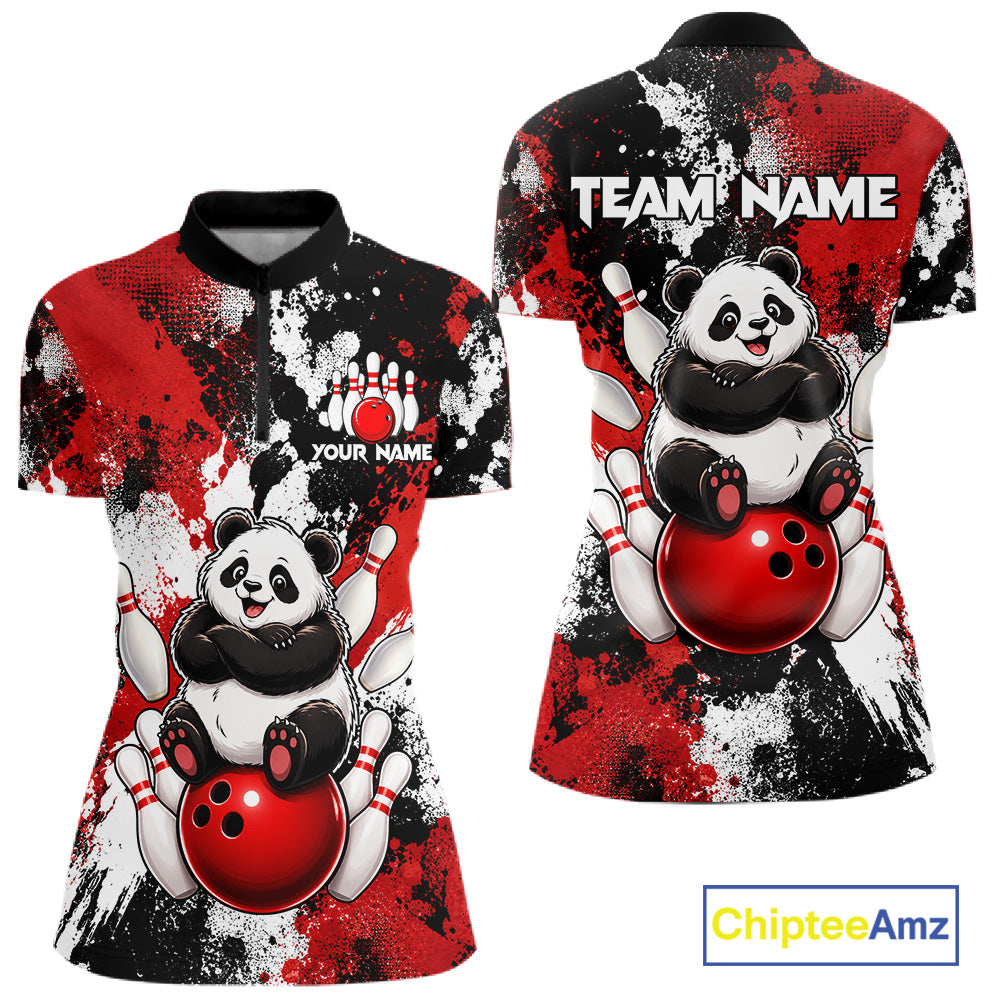 Funny Black And Red Panda Bowling Polo & Quarter Zip For Women, Custom Bowling Team Shirt Bowling Jersey NBT913