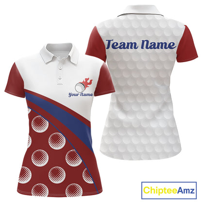 back view of custom name womens golf polo shirt funny red golf balls golf apparel