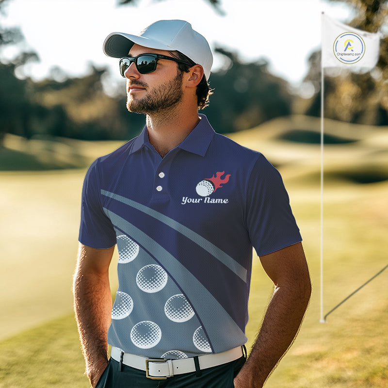Men golfer wearing custom golf balls pattern golf shirt on the golf course