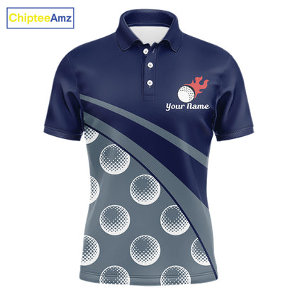 Funny golf balls pattern mens golf polo shirt with personalized name - front view