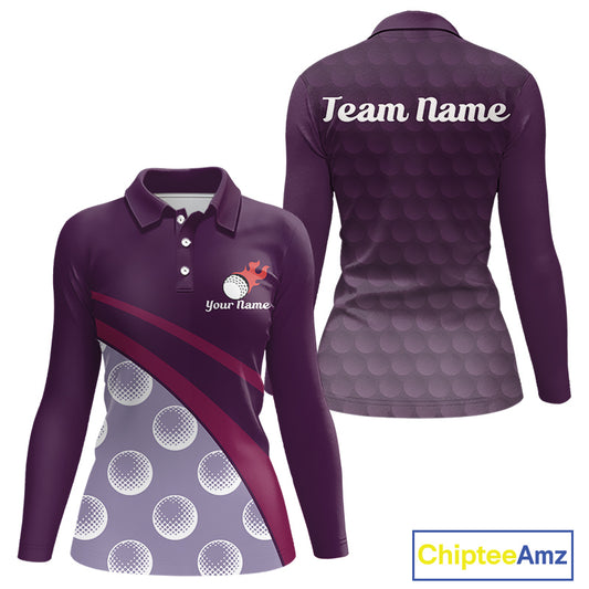front view of funny golf balls pattern long sleeve womens purple golf polo shirt for ladies