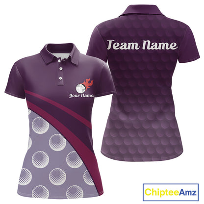 back view of custom name womens golf polo shirt funny purple golf balls golf apparel