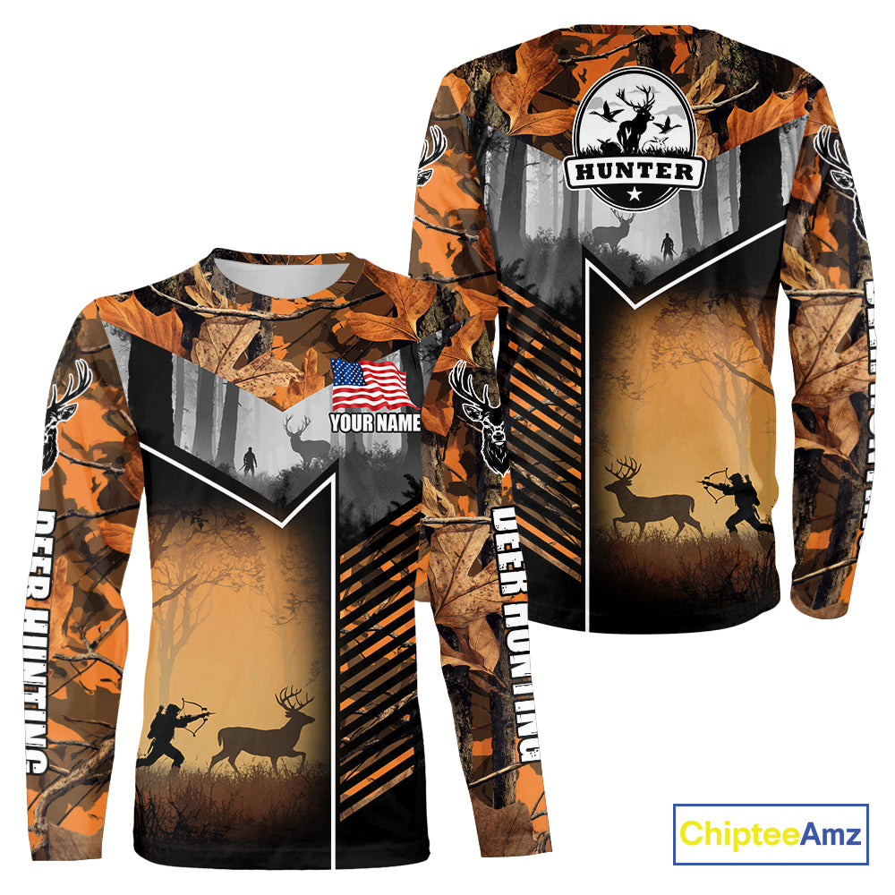 Orange Camo Deer Bow Hunting Custom Name Shirts - Best Hunting Apparel, Hunting Gifts for Men NBT42
