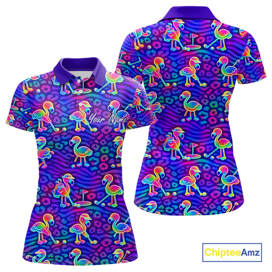 Colorful Neon Rainbow Leopard Flamingo Pattern Womens Polo Shirts, Custom Flamingo Golf Shirts NBT507