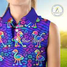 Load image into Gallery viewer, Colorful Neon Rainbow Leopard Flamingo Pattern Womens Sleeveless Polo Shirts, Custom Flamingo Golf Shirts NBT507
