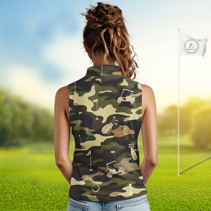 Green Camo Womens Sleeveless Golf Polo Shirts Custom Golf Attire For Ladies, Personalized Golfer Gifts NBT626