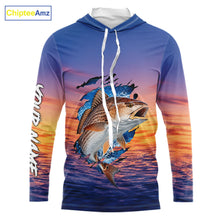 Load image into Gallery viewer, Front view Redfish Fishing Sunset custom long sleeve hooded fishing shirt, redfish offshore fishing apparel with sunset redfish graphic