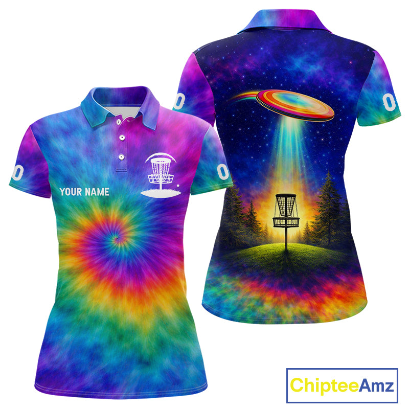 Womens Disc Golf Polo Shirts with Colorful Tie Dye Background Custom Disc Golf Team Shirt, Disc Golf Gift NBT657