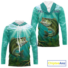 Load image into Gallery viewer, Front and back view Custom Bass Fishing Jersey long sleeve hooded tournament shirt, bass fishing jersey with UPF protection