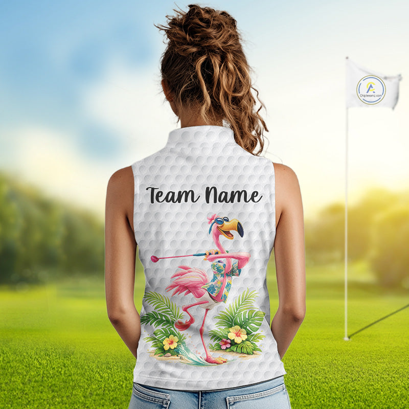 Funny Womens Sleeveless Golf Polo Shirt Custom Tropical Flamingo Pattern White Golf Shirts NBT521