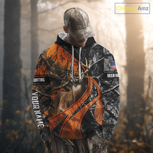 Whitetail Deer Hunting Orange and Black Camo Shirts with US Flag, Personalized Hunting Shirt NBT68
