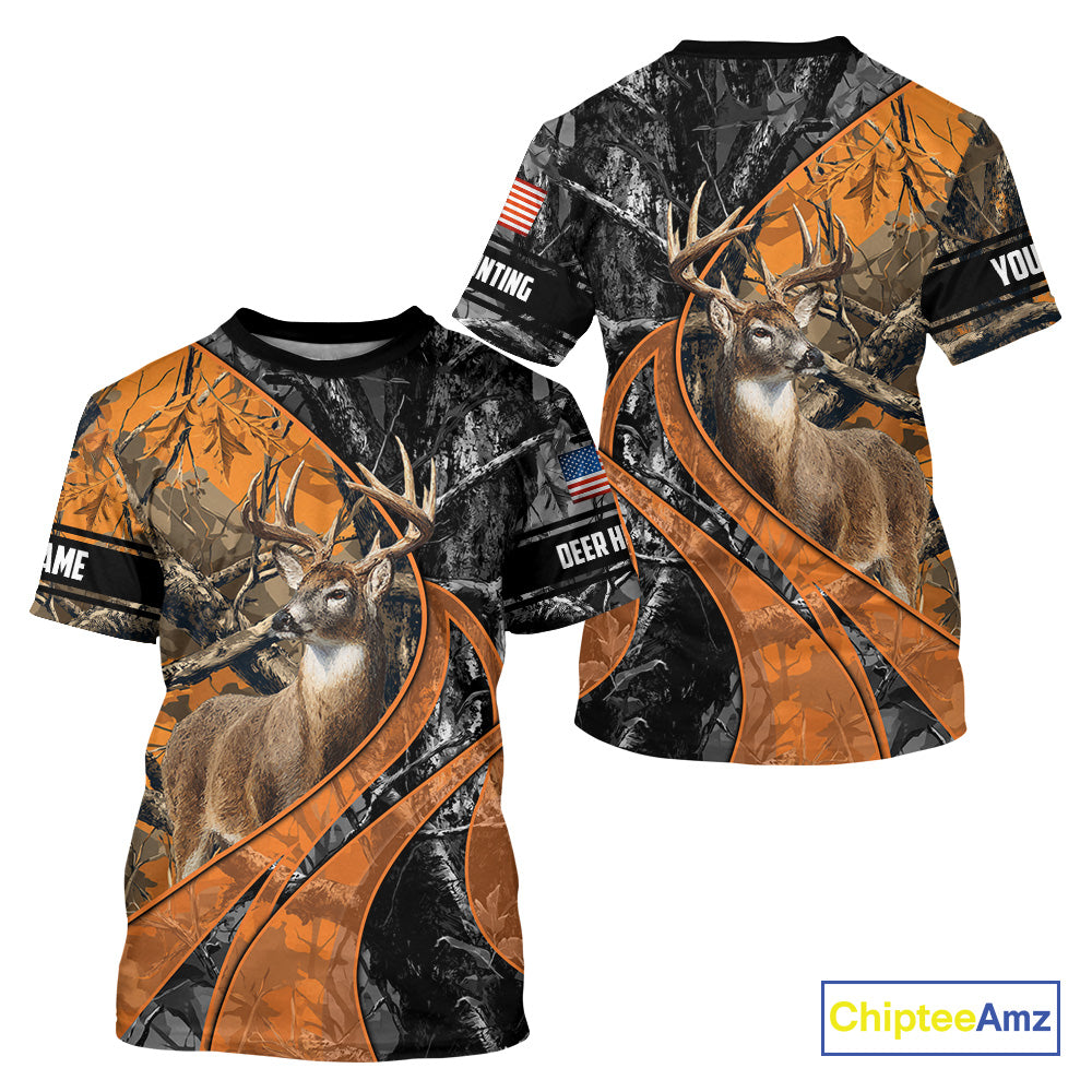 Whitetail Deer Hunting Orange and Black Camo Shirts with US Flag, Personalized Hunting Shirt NBT68