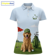 Load image into Gallery viewer, Golf polo shirt with a Golden Retriever on a golf course