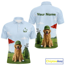 Load image into Gallery viewer, Golf-themed polo shirt with a dog on a golf course, customizable tex