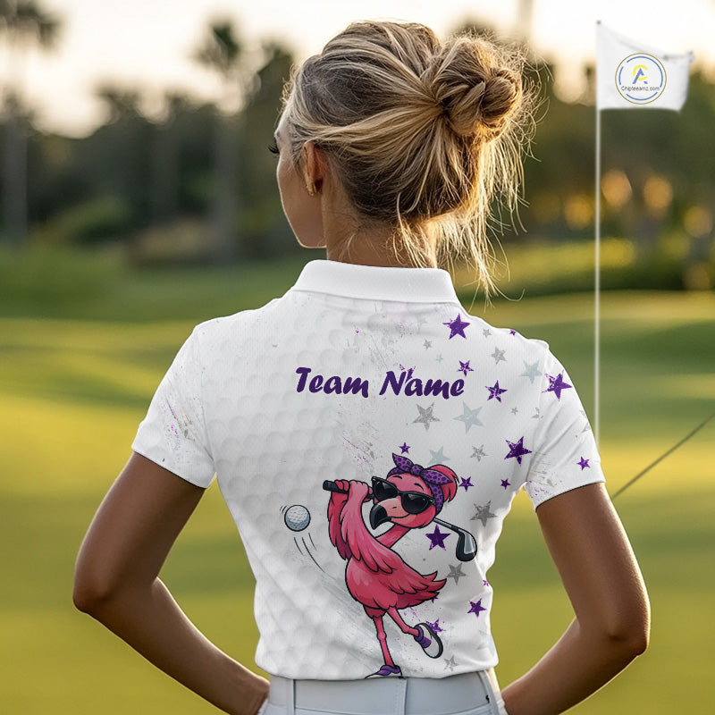 Person wearing a white polo shirt with a flamingo design and 'Team Name' text on a golf course.