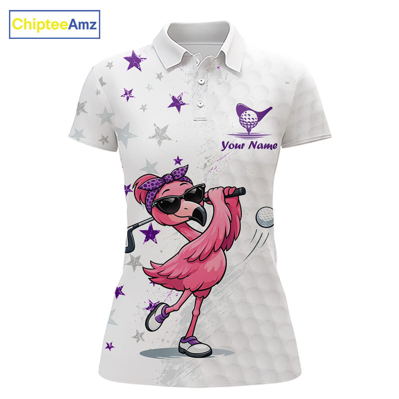 White womens polo shirt with pink flamingo design and customizable text on a white background