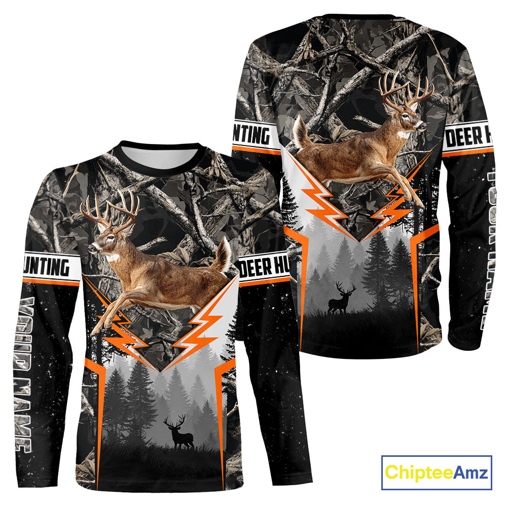 Jumping Whitetail Deer Hunting Dark Camo Custom Name 3D All Over Printed Shirts, Hunting Gifts NBT73