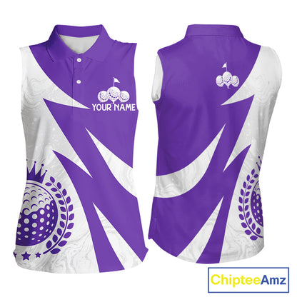 Womens Sleeveless Golf Polo Shirts Custom Name Purple And White Golf Shirt, Golf Attire NBT670