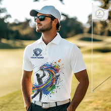 Load image into Gallery viewer, Mens Golf Polo Shirt Watercolor Golfer Golf Pattern Custom Name White Golf Shirt, Golf Gifts NBT685